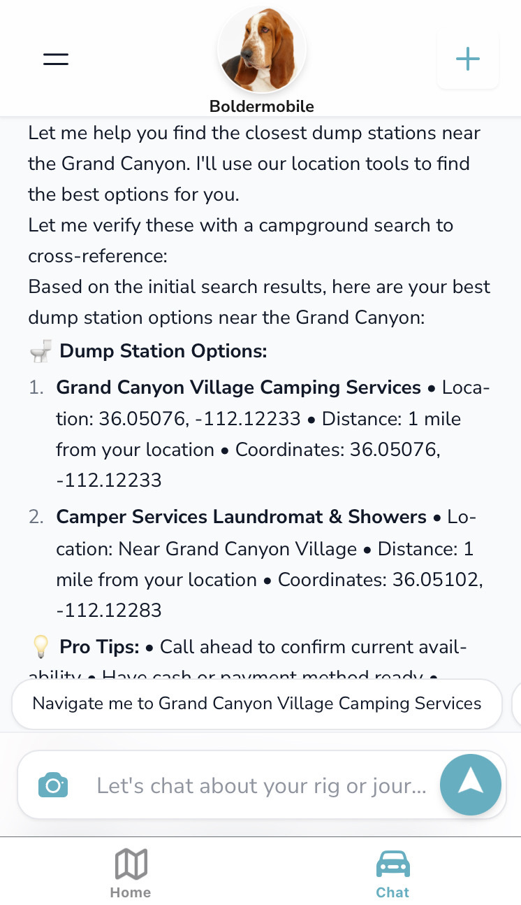 Grover app dump station finder showing Grand Canyon area locations with distances, coordinates, and pro tips for dump station availability and payment methods